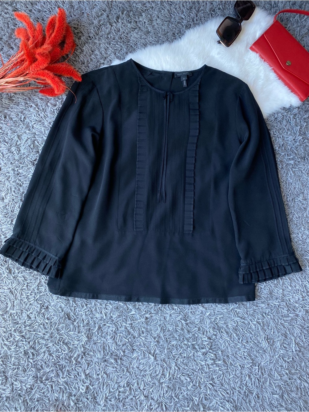 Marc Jacobs Black Silk Ruffle Trim Blouse